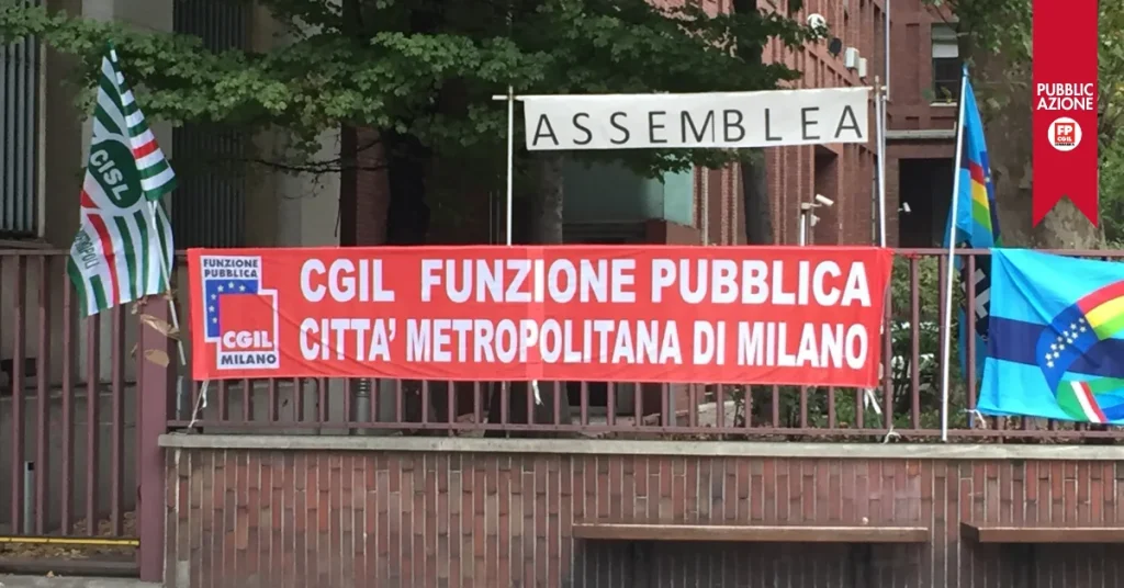 Bandiere e striscione Fp Cgil Città metropolitana Milano