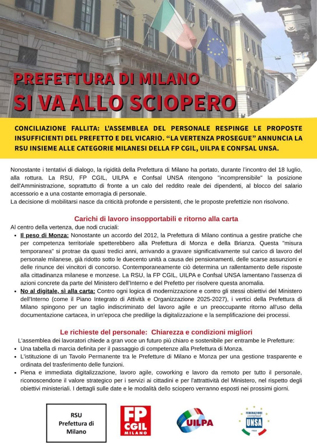 volantino sciopero prefettura mi